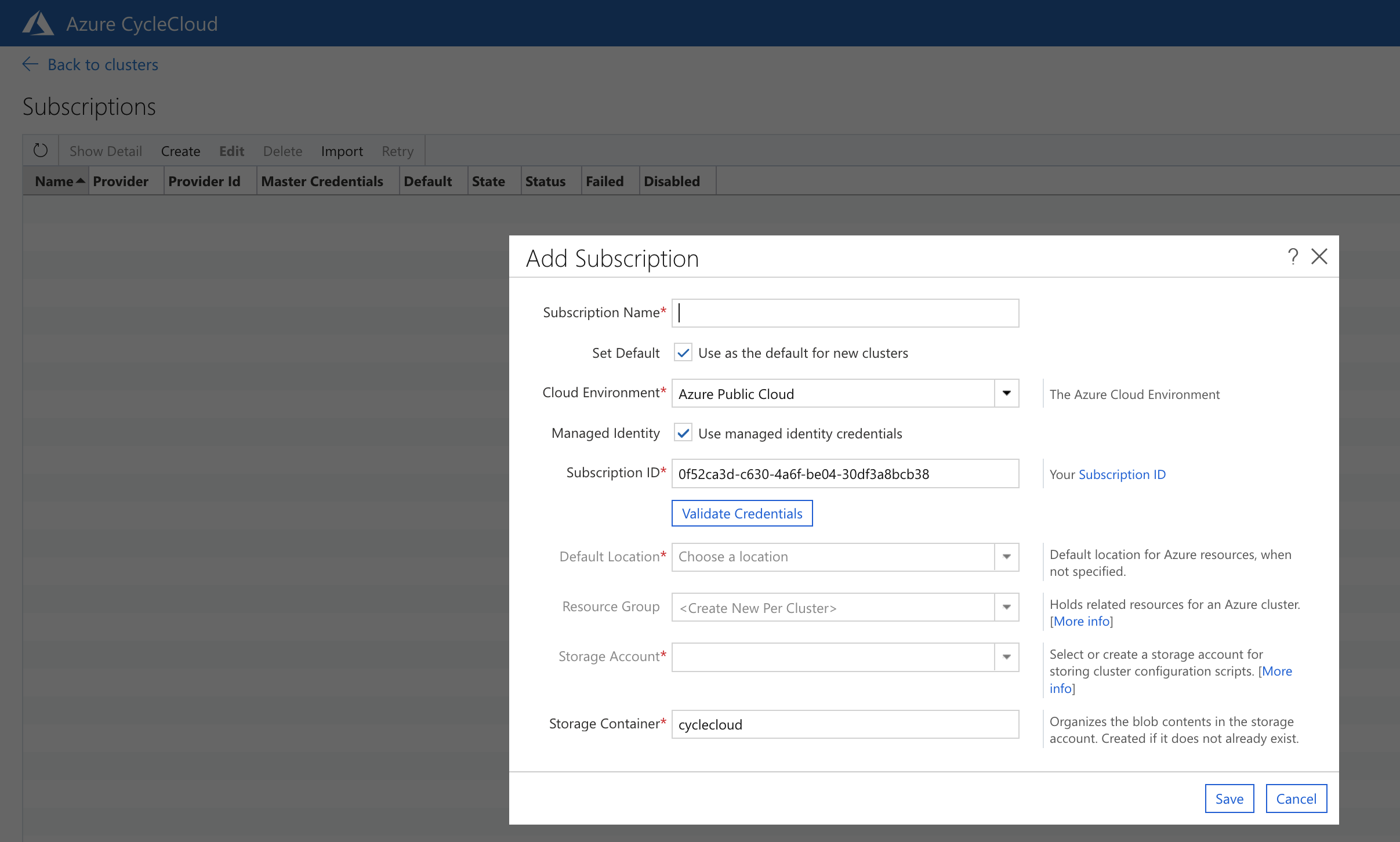 Azure CycleCloud Add Subscription