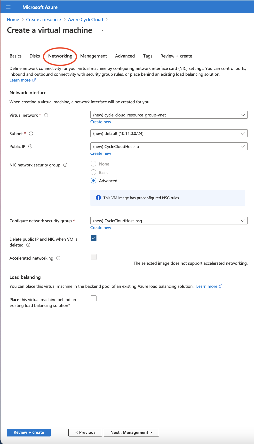 Select Network Interface for the Azure Virutal Machine